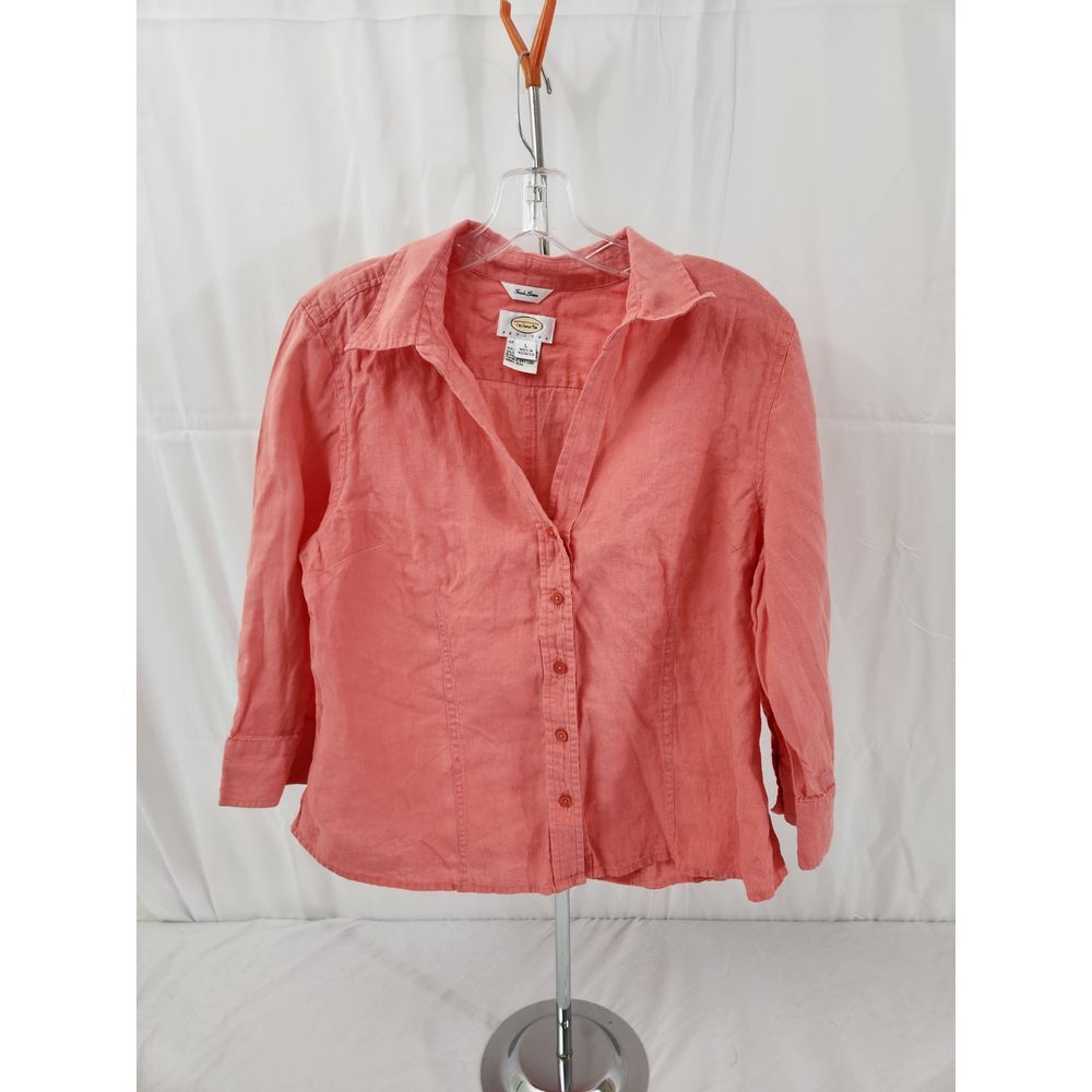 Talbots Petites Irish Linen Button Down Shirt Coral Pink 3/4 Sleeve‎ Large P